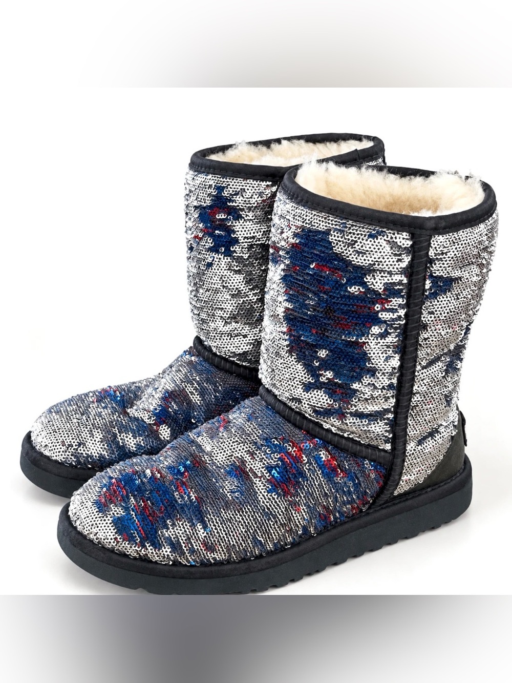 UGG AUSTRALIA BOOTS 1002978 BLUE SILVER RED FLIP SEQUIN CLASSIC SHORT BOOTS SZ 5
